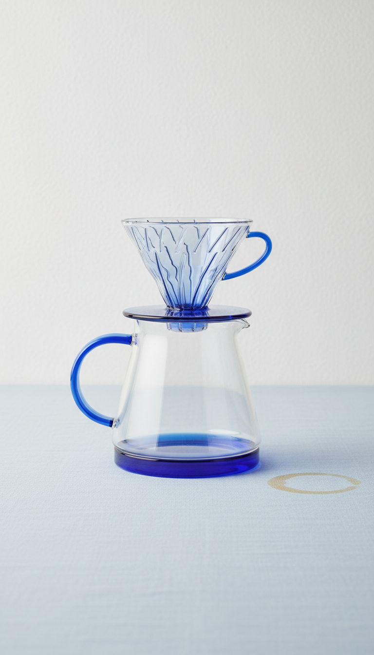 Specialty pour-over coffee set with blue-accented glass server
