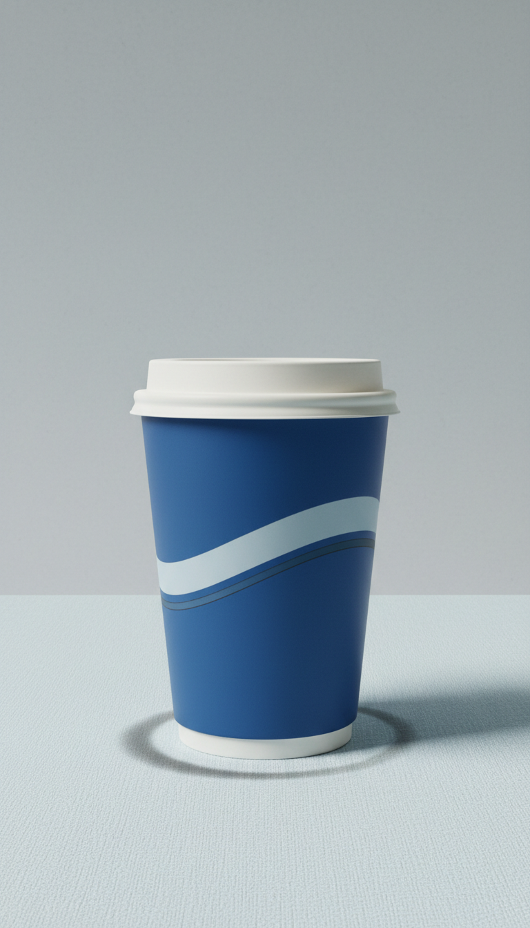 Branded blue and white takeaway cup with bold logo