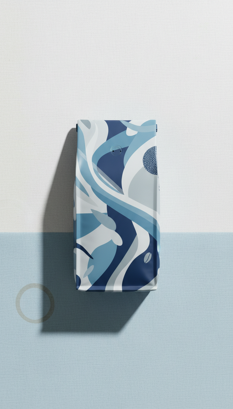 Single-origin beans package in clean blue and white graphic bag
